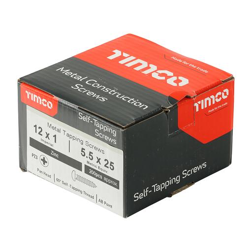TIMCO Metal Tapping Screws - PZ - Pan - Self-Tapping - Zinc (12 x 1, Box of 200)