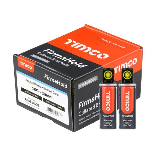 TIMCO Firmahold Collated Brad Nails & Fuel Cells - 16 Gauge - Angled - A2 Stainless Steel (16 x 50/2BFC, Box of 2000)