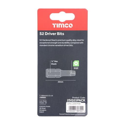 TIMCO S2 Driver Bits - Sq (No.2 x 25, Handy Bit Pack of 10)