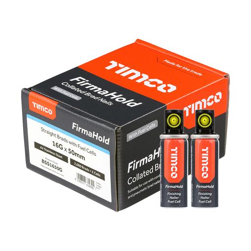TIMCO Firmahold Collated Brad Nails & Fuel Cells - 16 Gauge - Straight - A2 Stainless Steel (16g x 50/2BFC, Box of 2000)