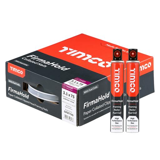 TIMCO Firmahold Collated Clipped Head Nails & Fuel Cells - Trade Pack - Ring Shank - Firmagalv (3.1 x 75/2CFC, Box of 2200)