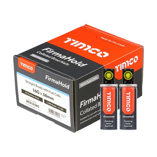 TIMCO Firmahold Collated Brad Nails & Fuel Cells - 16 Gauge - Straight - A2 Stainless Steel (16g x 38/2BFC, Box of 2000)