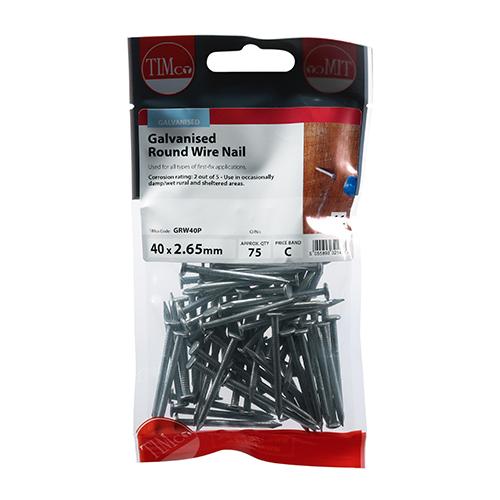 TIMCO Round Wire Nails - Galvanised (40 x 2.65, TIMpac of 75)