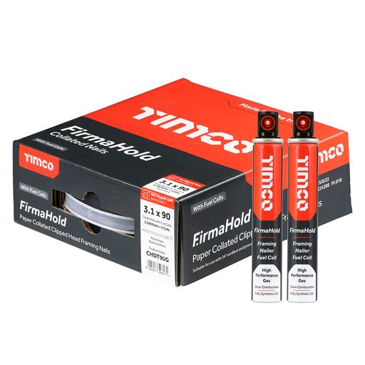 TIMCO Firmahold Collated Clipped Head Nails & Fuel Cells - Trade Pack - Plain Shank - Hot Dipped Galvanised (3.1 x 90/2CFC, Box of 2200)