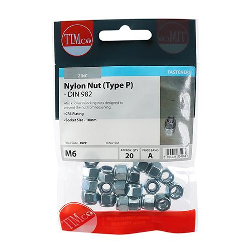 P Nylon Nut - BZP, M6, 10pk