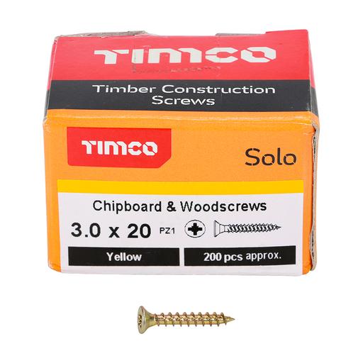 TIMco Solo Woodscrews - PZ - Double Countersunk - Yellow 3.0x20mm