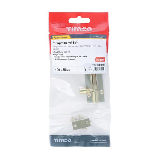 TIMCO Straight Barrel Bolt - Polished Brass (100 x 25mm, TIMpac of 1)