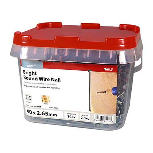 TIMCO Round Wire Nails - Bright (40 x 2.65, TIMtub of 2.5)