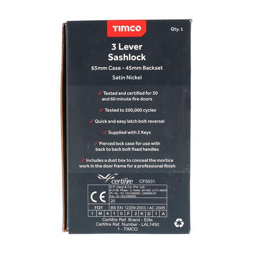 TIMCO 3 Lever Sashlock - Satin Nickel (65 case / 45 backset, Box of 1)