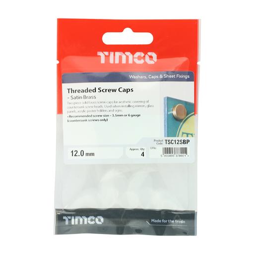 TIMCO Threaded Screw Caps - Solid Brass - Satin (12mm, TIMpac of 4)