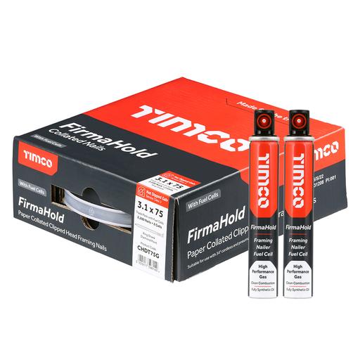 TIMCO Firmahold Collated Clipped Head Nails & Fuel Cells - Trade Pack - Ring Shank - Hot Dipped Galvanised (3.1 x 75/2CFC, Box of 2200)