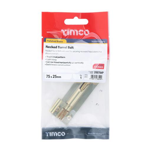 TIMCO Necked Barrel Bolt - Polished Brass (75 x 25mm, TIMpac of 1)