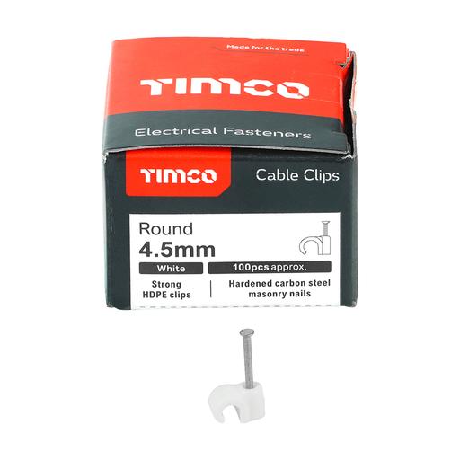 TIMCO Round Cable Clips - White (To fit 4.5mm, Box of 100)